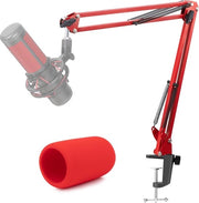 Microfono a braccio rosso con filtro anti-pop - Braccio microfono professionale per studio con cappuccio microfono filtro anti-pop schiuma, compatibile con microfono a braccio di HyperX QuadCast S