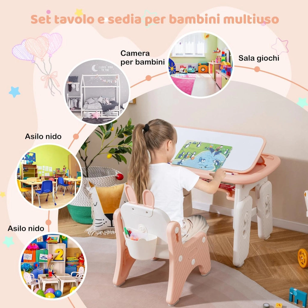 Set Tavolo e Sedia per Bambini, Tavolo e Sedia per Bambini con Mensola Ribaltabile, Lavagna Magnetica Cancellabile, Altezza Regolabile, per Camera da Letto, Sala, Giochi per Ragazzi (Rosa)