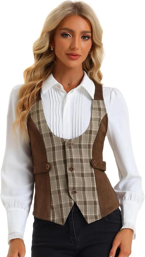 Vest vintage con fregio a riquadri per donna - Donna elegante e stile - Donna trendy vestito con tessuto a riquadri