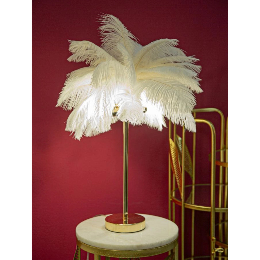 Lampada da tavolo Palm bianca in metallo dorato con piume di struzzo