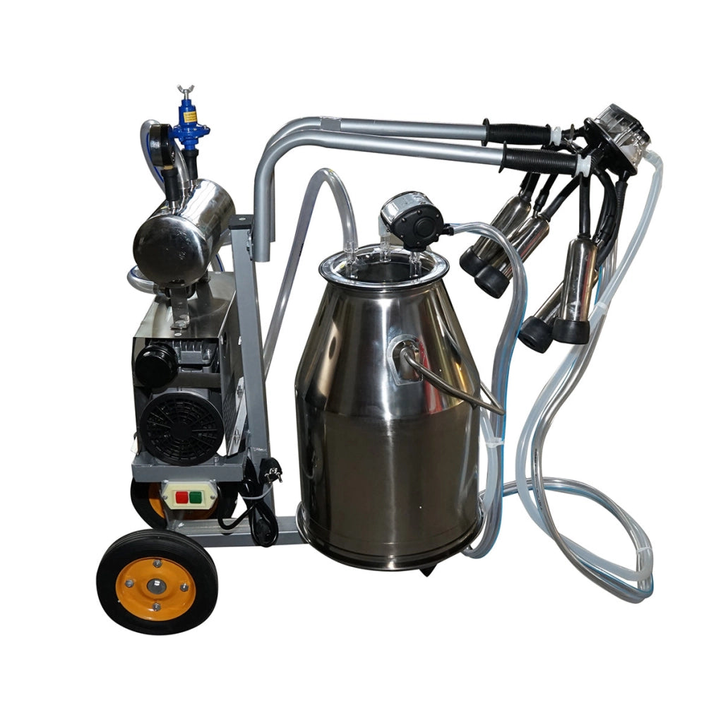 Dispositivo per mungitura di mucche, 1 postazione, 650W, bidone in acciaio inox da 25L, gruppo di mungitura con 4 manicotti, pressione del vuoto 45-50 kPa, pulsazioni 60-80 cpm