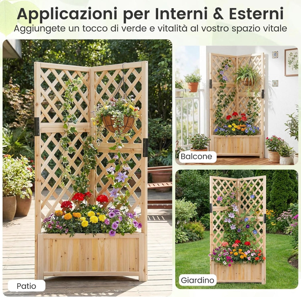 Letto da Giardino Rialzato ad Angolo con Traliccio e Fori di Drenaggio, Fioriera in Legno Elevata per Piante Rampicanti, Fiori e Verdure, Ideale per Interno ed Esterno (Naturale)