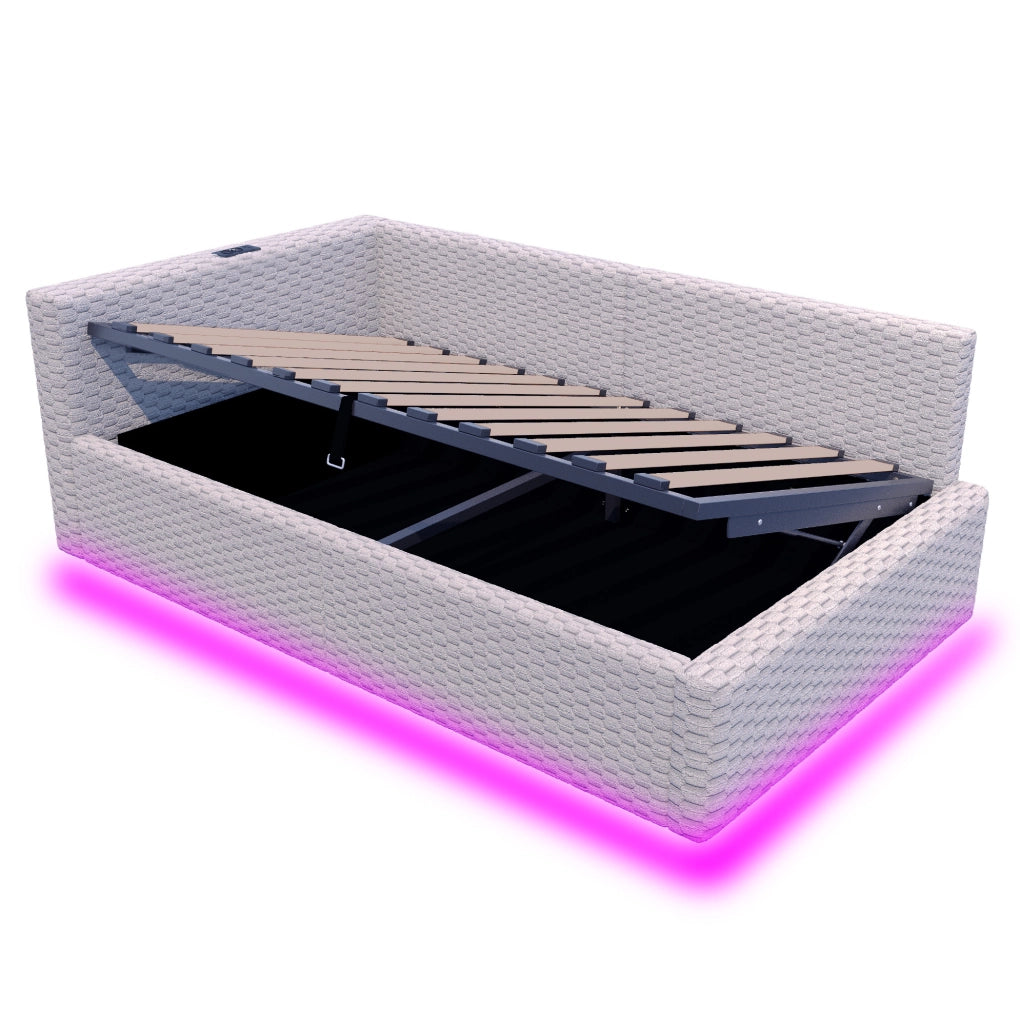 Letto imbottito ULEVR 90x200 cm con contenitore idraulico, LED, 2 USB e Type-C, velluto grigio