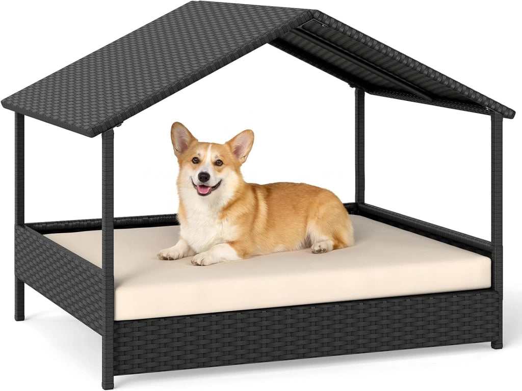 Casetta per Cani da Esterno e Interno, Letto Rialzato in Rattan con Struttura in Metallo, Tetto Impermeabile e Cuscino Rimovibile, per Cani di Taglia Piccola e Media fino a 60 KG (Grigio)