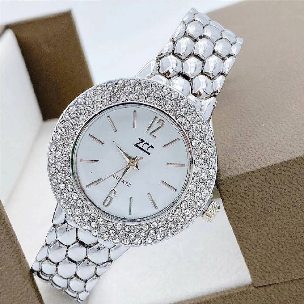 Trade Shop - Orologio Polso Zcc Donna Quarzo Acciaio Moda Brillantini Analogico Silver Bianco -