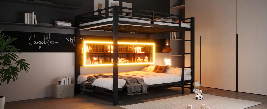 DESMIU Letto a castello 140 × 200 cm 2 posti con 6 vani e LED, senza materasso, in metallo, nero