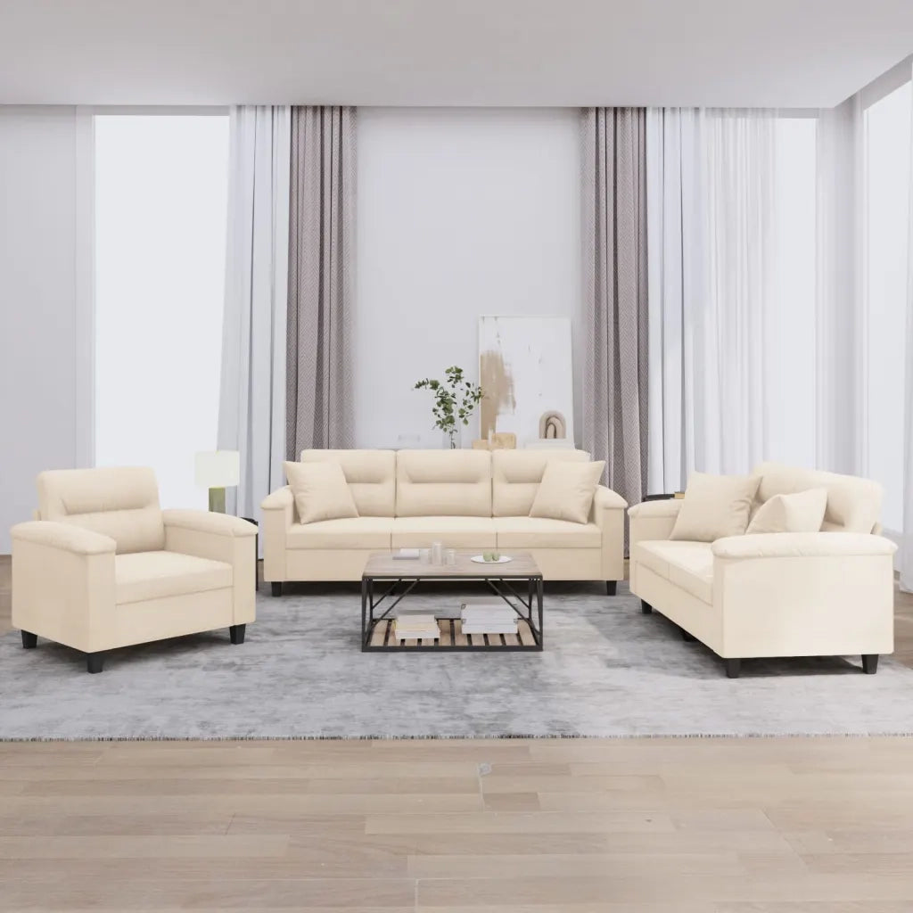 Set Divani 3 pz con Cuscini Beige in Tessuto Microfibra 3202307