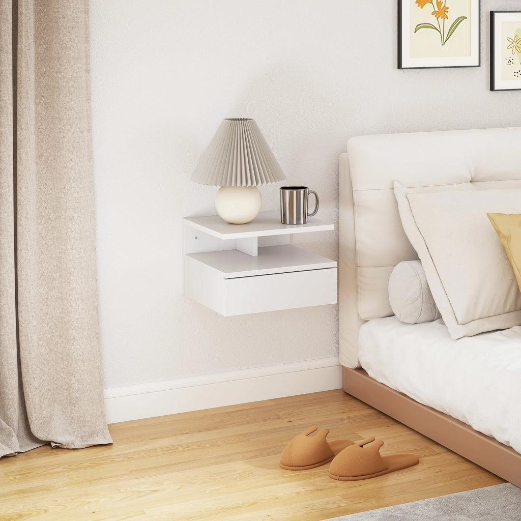 Comodino Sospeso per Camera da Letto con Cassetto e Mensola in Legno, 35x32x22.5cm, Bianco