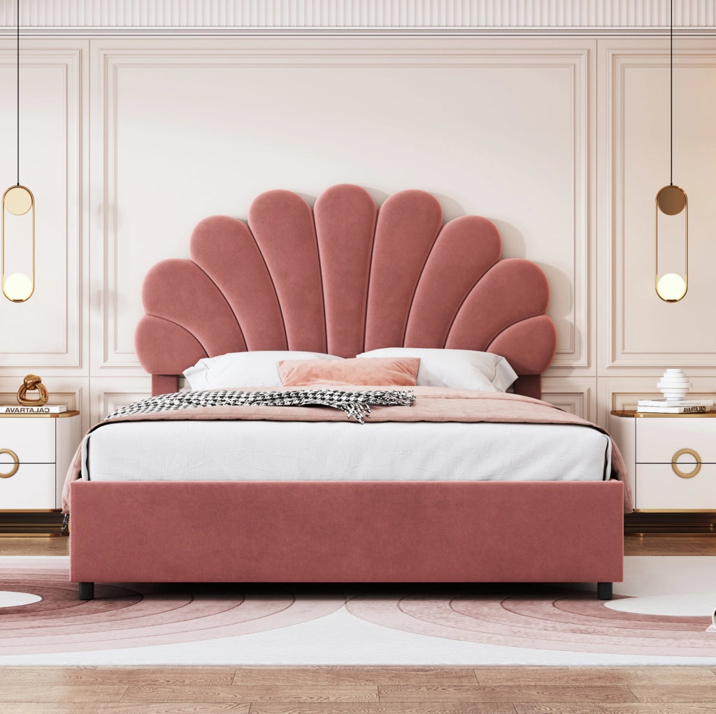 Letto matrimoniale imbottito ULEVR 140x200 cm con contenitore idraulico e testiera floreale, velluto rosa