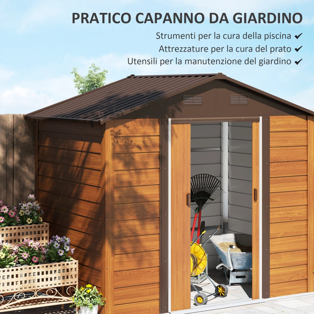 Casetta da Giardino Porta Attrezzi con Doppia Porta Scorrevole 236x196x208 cm con Pannelli in Acciaio Effetto Legno