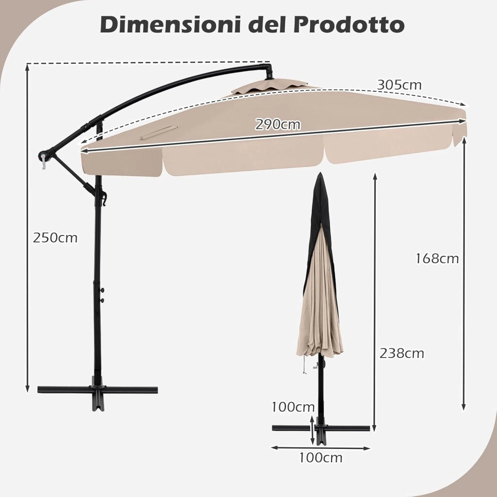Ombrellone da Giardino 290 cm a Braccio | Inclinazione Regolabile, Manovella, 8 Stecche, Telo Solare, Copertura Inclusa (Beige, Non Base)