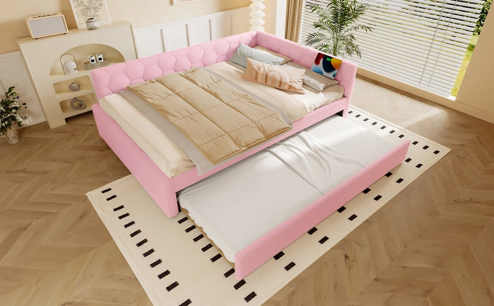 Daybed 140x200 cm con rete, divano letto estraibile multifunzione, luce da comodino, USB e Type-C, rosa