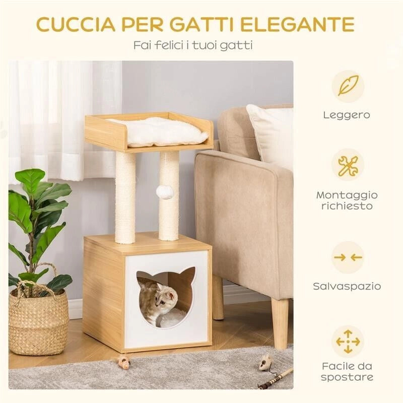 CASETTA PER GATTI CON PALI TIRAGRAFFI IN SISAL, CUSCINI LAVABILI E PALLINA, 35X35X81CM, QUERCIA