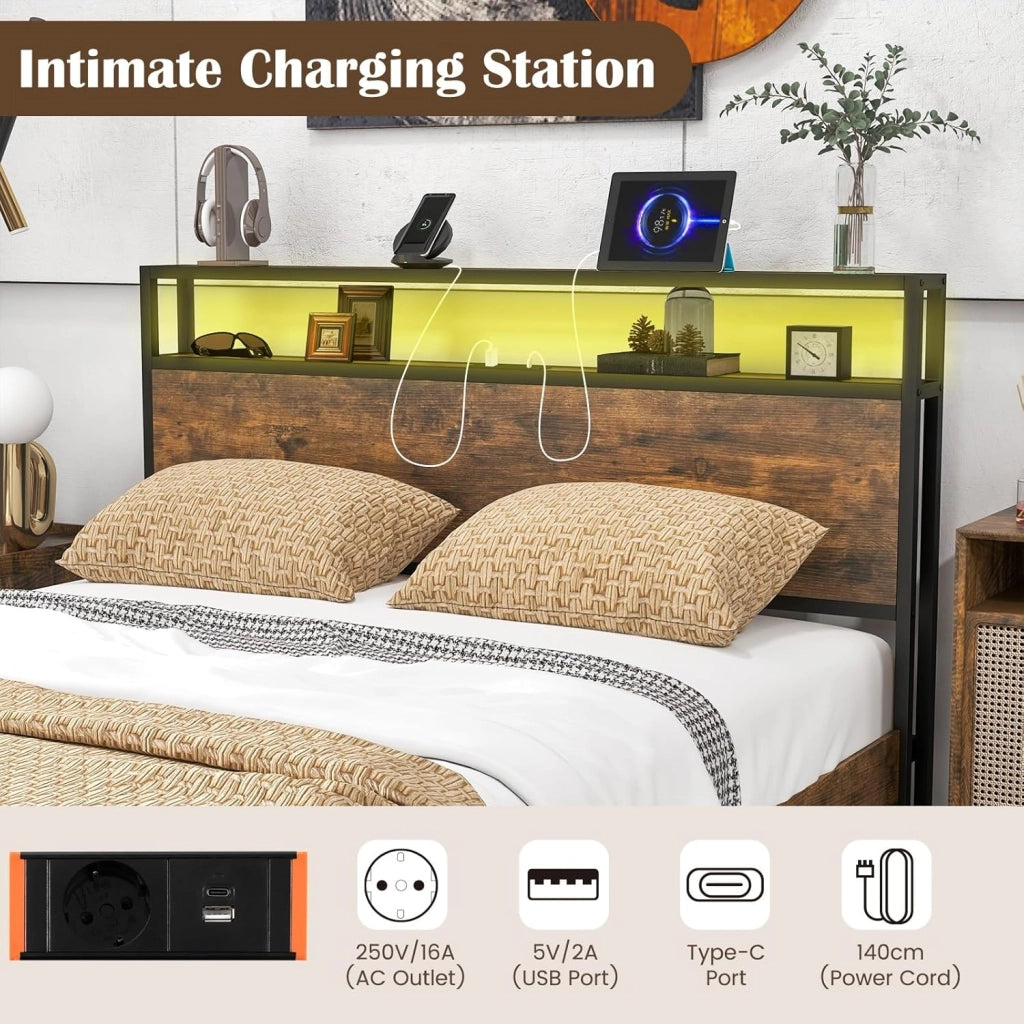 Struttura letto 160 x 200 cm con LED, telaio in metallo, letto con stazione di ricarica, letto per armadio, 4 cassetti da pavimento, letto matrimoniale con testiera e rete a doghe, telaio del