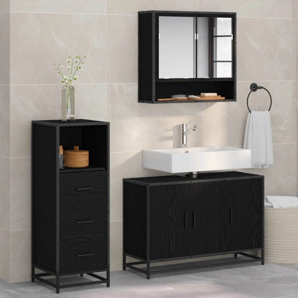 Set di mobili per il Bagno | Armadio da bagno 3 pz Rovere Nero Legno multistrato
