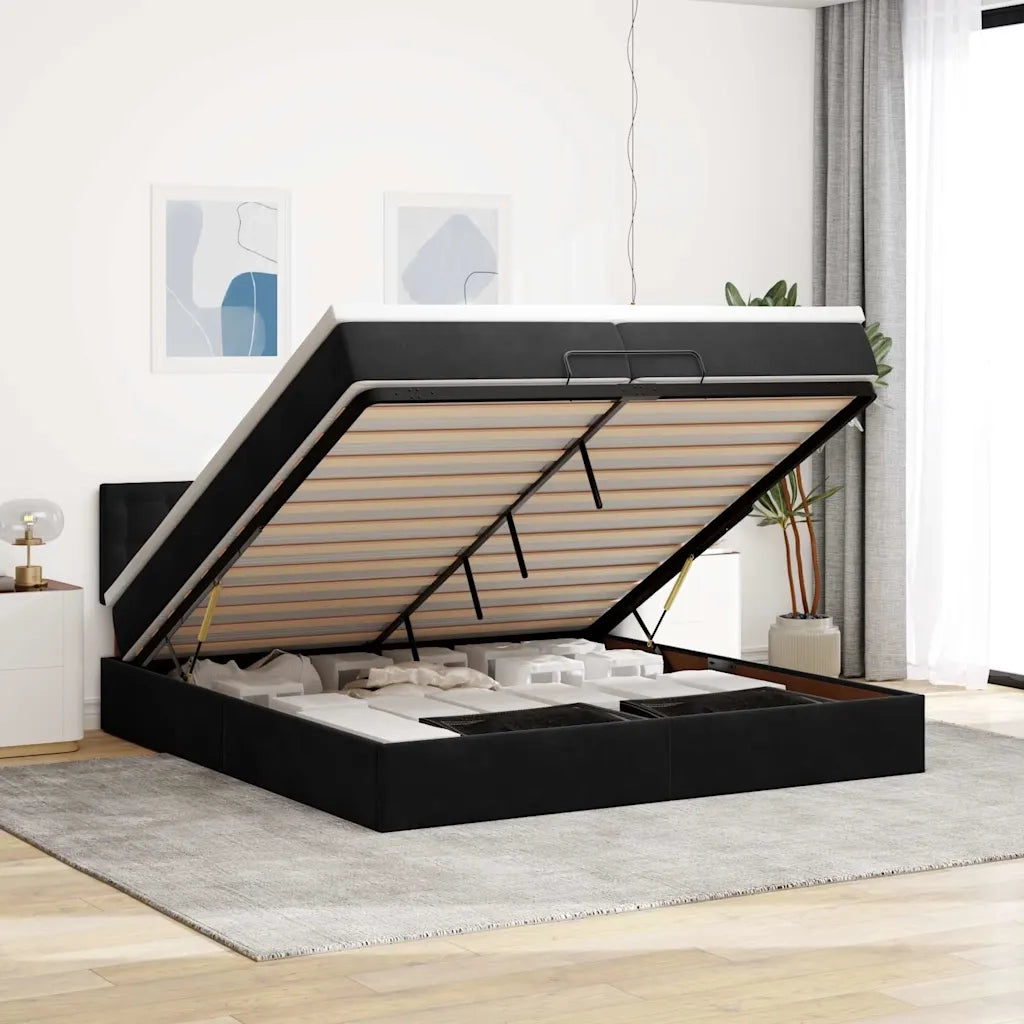 Struttura Letto Pouf con Materasso Nero 200x200 cm in Velluto