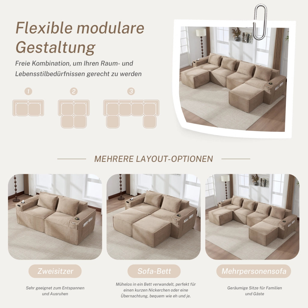 Divano modulare 4 posti con portabicchieri, tasche laterali e 2 pouf, in tessuto corduroy khaki