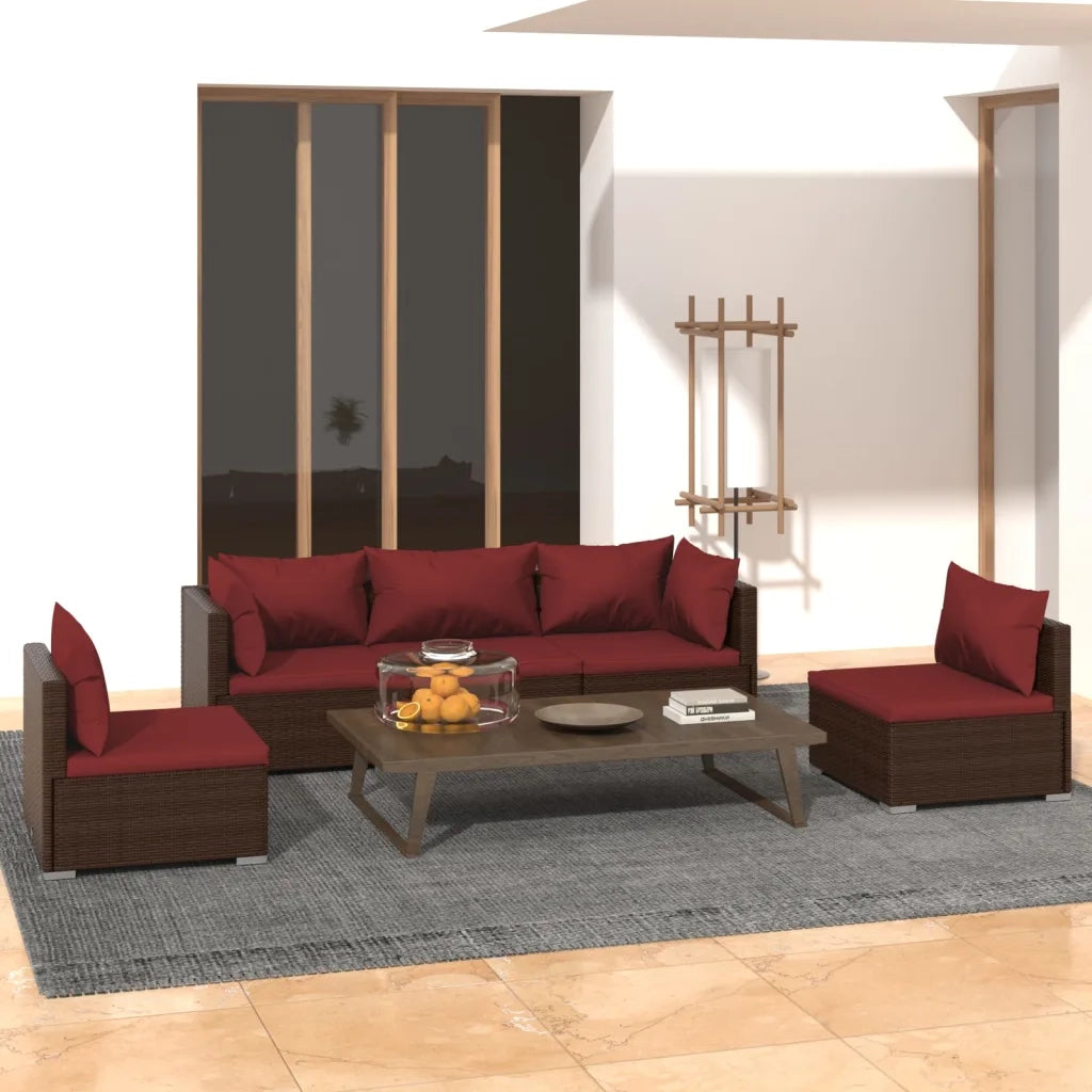 Set Divani da Giardino 5 pz con Cuscini in Polyrattan Marrone cod mxl 37898