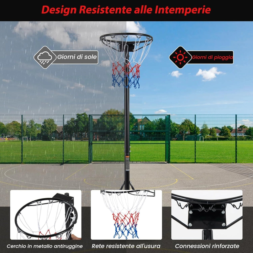 Supporto per Canestro da Basket Portatile e Regolabile in Altezza 206-305cm, Canestro da Basket da Esterno ed Interno con Base Riempibile e 2 Ruote Scorrevoli