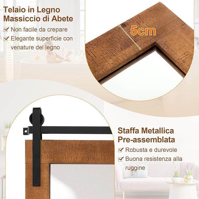 Specchio da Parete 100 x 66 cm, Specchio Rettangolare con Cornice in Legno Massiccio e Staffa in Metallo, Decorazione da Parete per Soggiorno Ingresso Bagno, Marrone (Marrone)