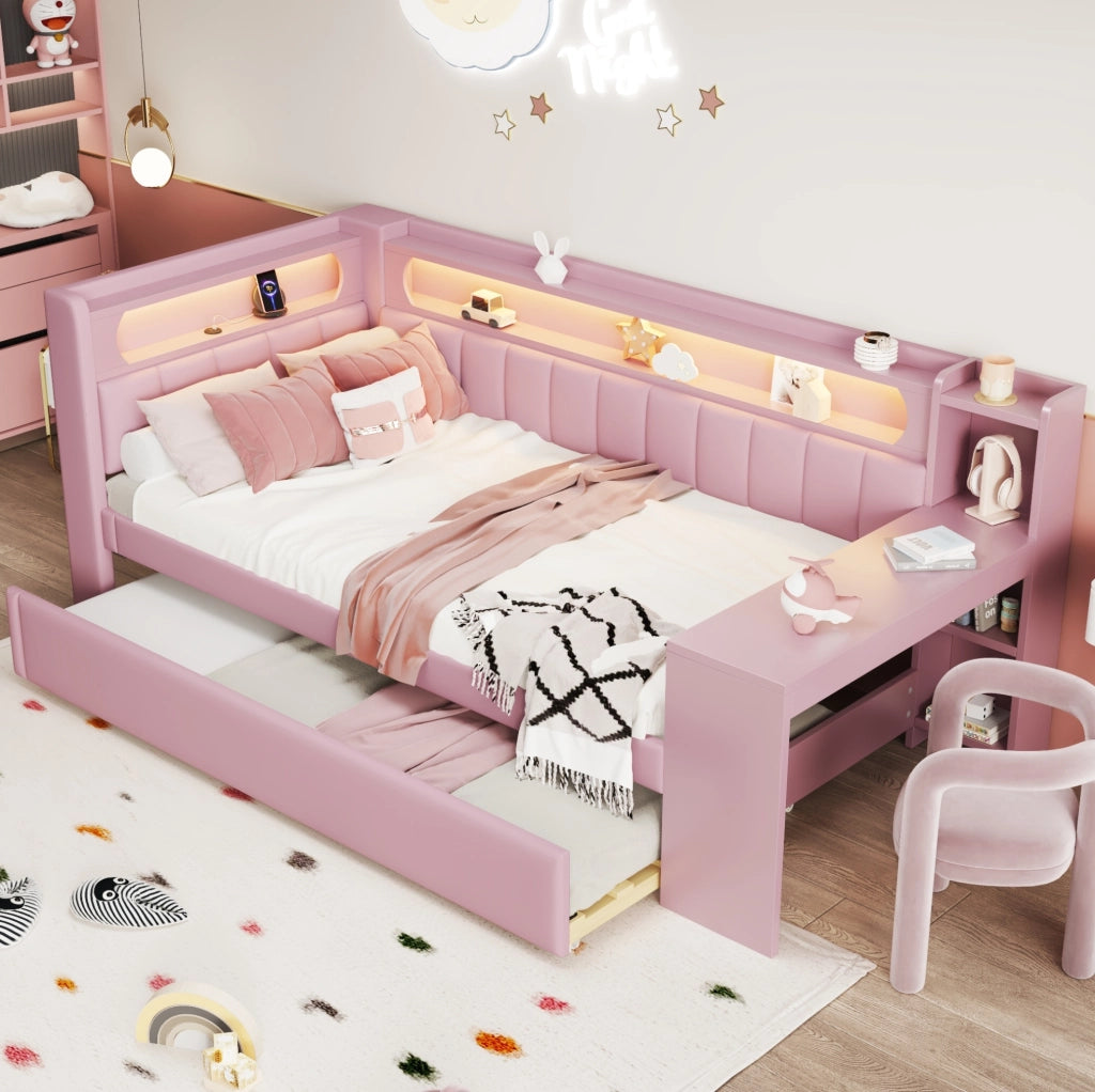 Letto a giorno 90x200 cm con letto estraibile; scrivania e LED in MDF; compensato; imbottito rosa