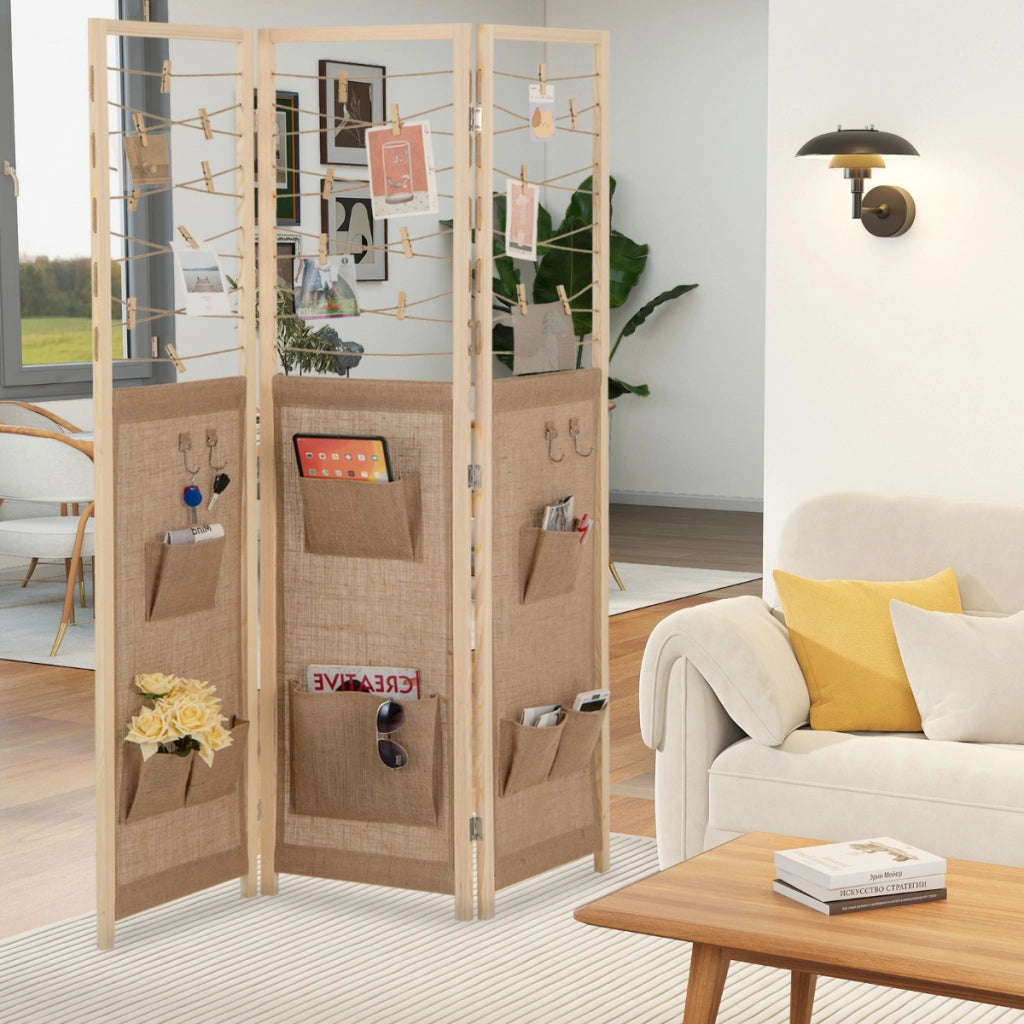 Espositore pieghevole con 8 tasche corde di iuta in bamb¨´-Paravento-Divisorio a 3 pannelli separatore di spazio in legno boho per casa Naturale