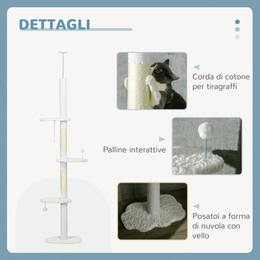 Albero Tiragraffi per Gatti a Soffitto 48x32x225-255 cm Pali con Corda in Cotone Bianco
