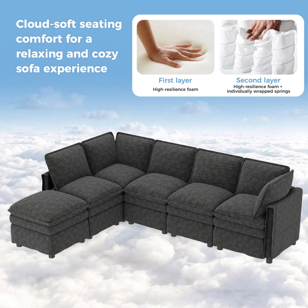 Divano modulare XXL 6 posti con funzione letto e pouf mobile componibile a U o L in chenille grigio 344 × 127 × 91 cm
