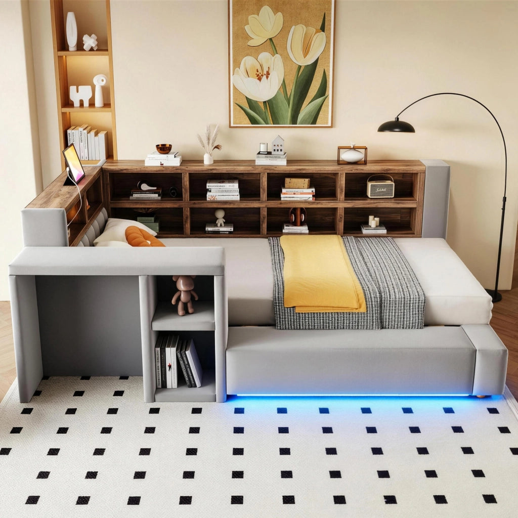 Letto imbottito 90 x 200 cm con testiera imbottita, vani portaoggetti, LED, prese integrate e tavolino laterale, Grigio scuro