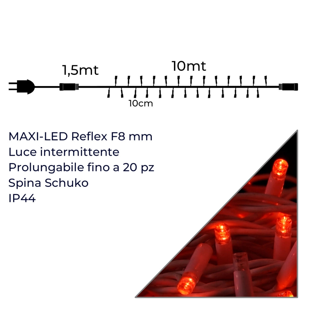 CATENA LUMINOSA CON 100 MAXI LED REFLEX 8MM CAVO BIANCO DA 10 METRI LUCE ROSSA E BIANCA - PERFETTA PER ESTERNI PROLUNGABILE FINO A 20 PEZZI