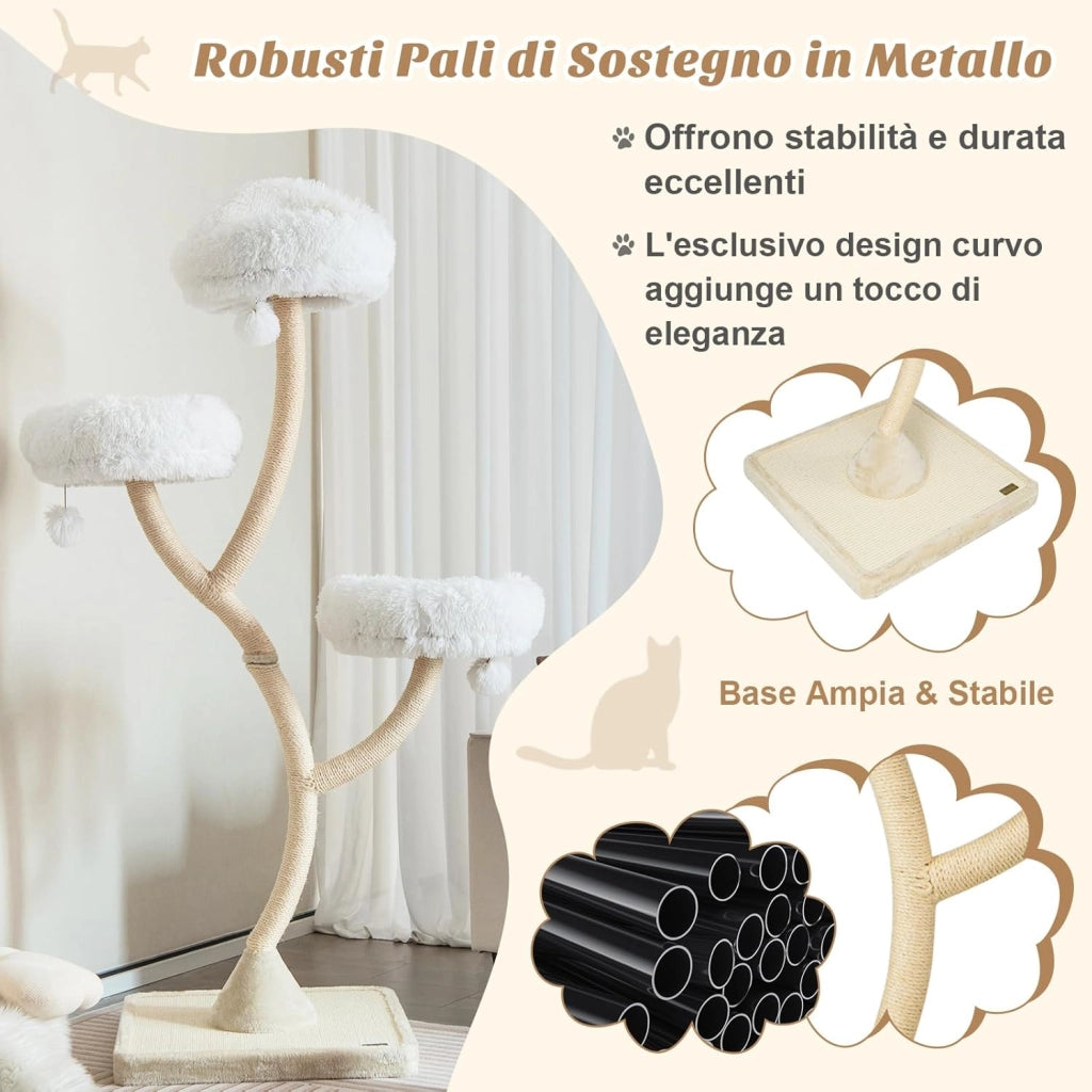 Albero per Gatti Alto 178 cm, Albero Tiragraffi per Gatti con Telaio di Supporto Curvo in Metallo, 3 Cucce Calde e Palline, Pali e Tavoletta Tiragraffi in Sisal, 59 x 59 x 178 cm (Beige)