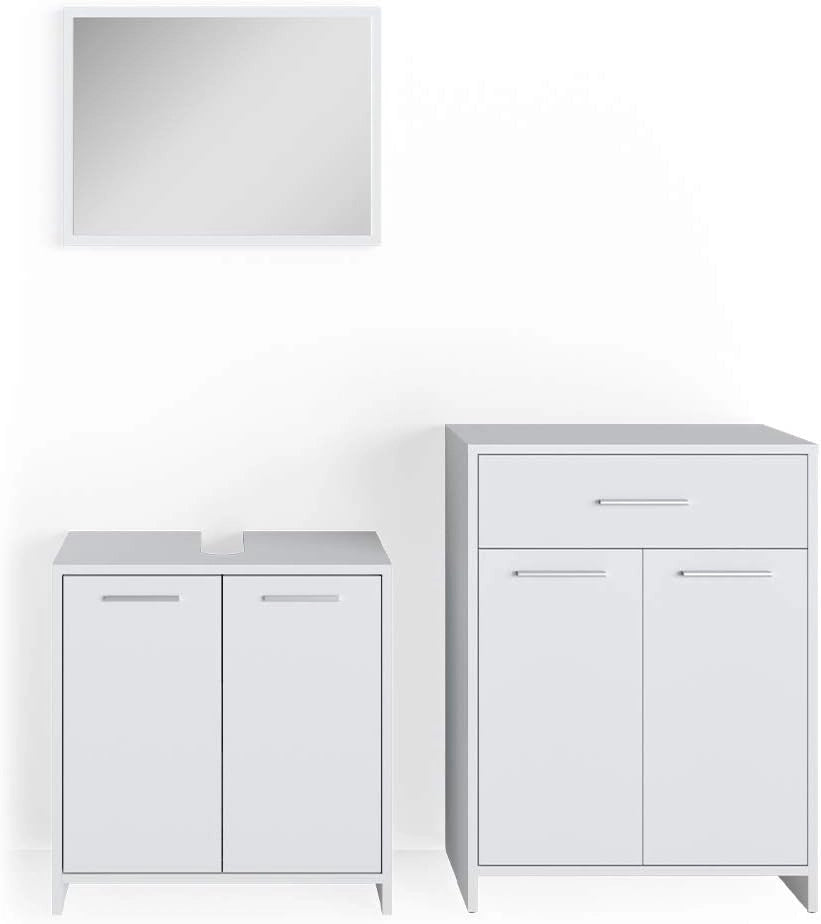 Set mobili bagno Kiko, Bianco, 58 cm, composto da mobile sottolavabo, specchiera e mobile medio