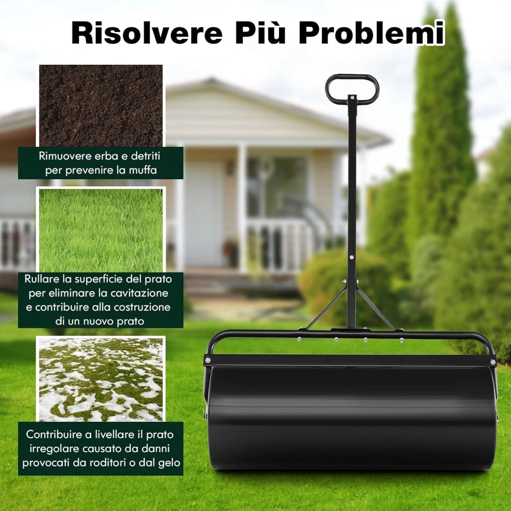 Rullo da Giardino per Prato 113 L 90 x 40 cm, Rullo per Prato in Metallo Riempibile di Acqua/Sabbia con Manico Antiscivolo, Ideale per Cortile, Parco e Fattoria (Nero)