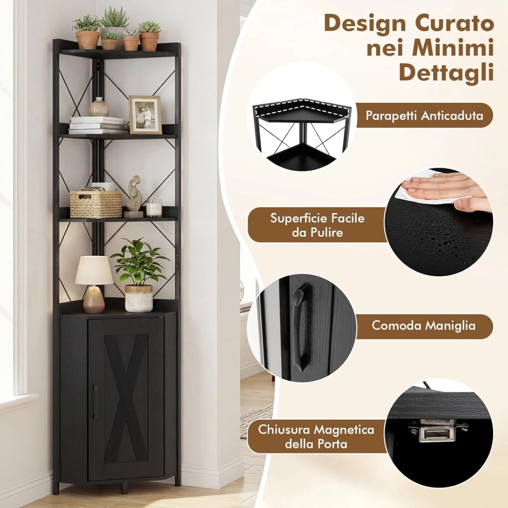 Libreria a 5 Ripiani, Mensola ad Angolo con Spazio di Archiviazione, Armadio ad Angolo con Paraspigoli Anticaduta, Autoportante, con 2 Kit Antiribaltamento, 38 x 38 x 180 cm (Nero)