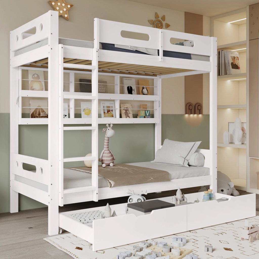Letto a Castello Singolo con Cassetti e Rete a Doghe ¨C MINIMAL ¨C Pino/MDF, Bianco, 90x200