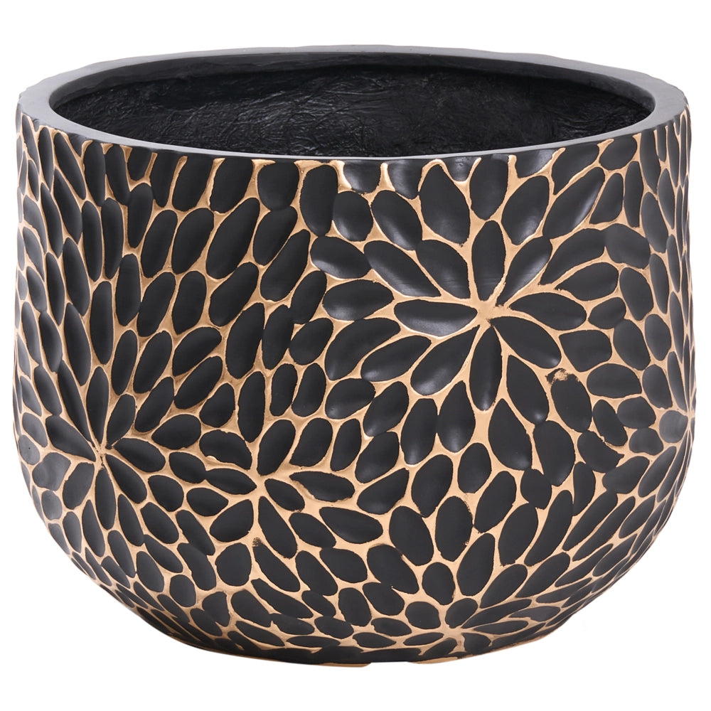 Vaso per Fiori Rotondo Nero in MgO con Design Scanalato Realizzato a Mano per Interni ed Esterni