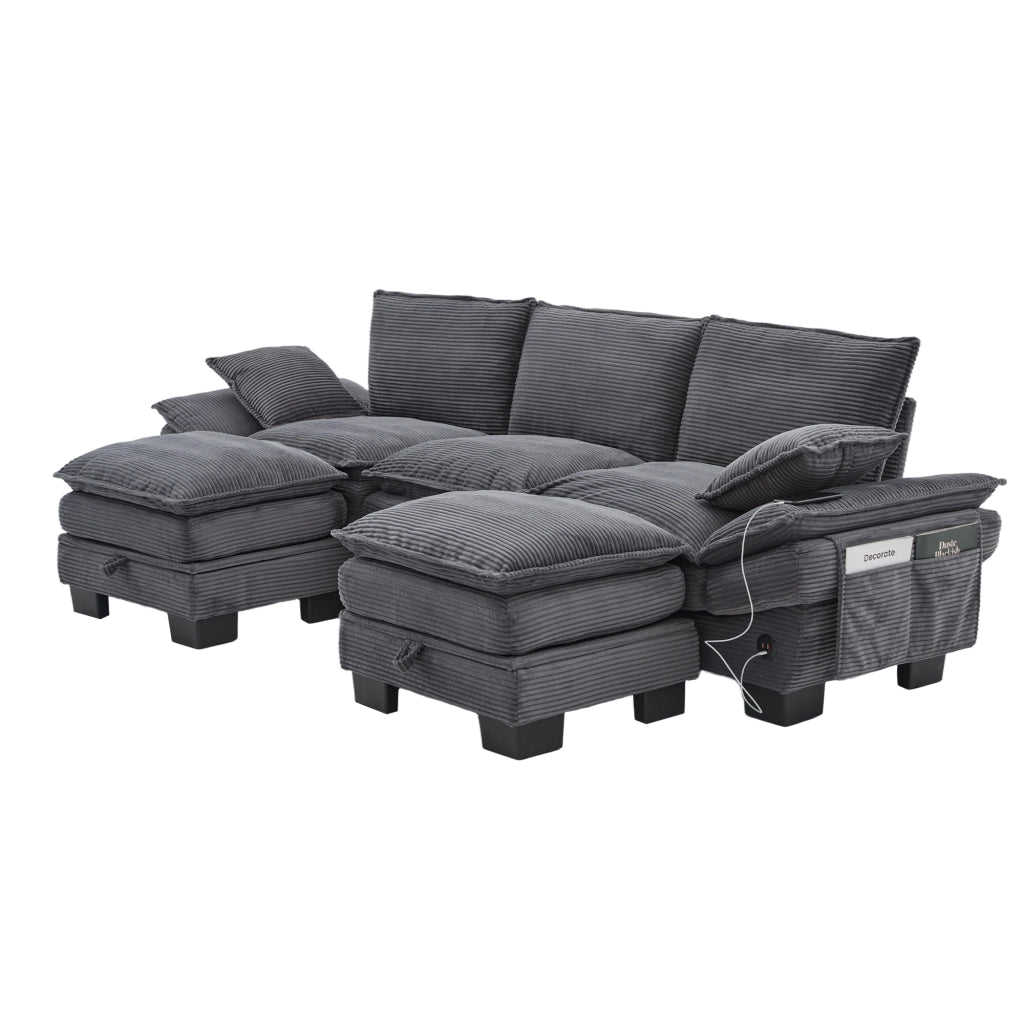 Divano modulare a 3 posti in tessuto corduroy con 2 pouf, seduta ampia ergonomica, USB-C, grigio scuro