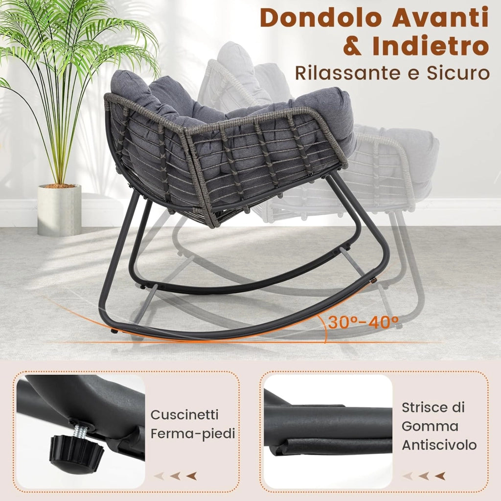 Sedia a Dondolo da Esterno, Poltrona in PE Vimini con Cuscino Rimovibile, Poltrona Relax in Rattan con Struttura in Metallo, per Soggiorno, Balcone, Giardino, Portata 150 kg (Grigio)