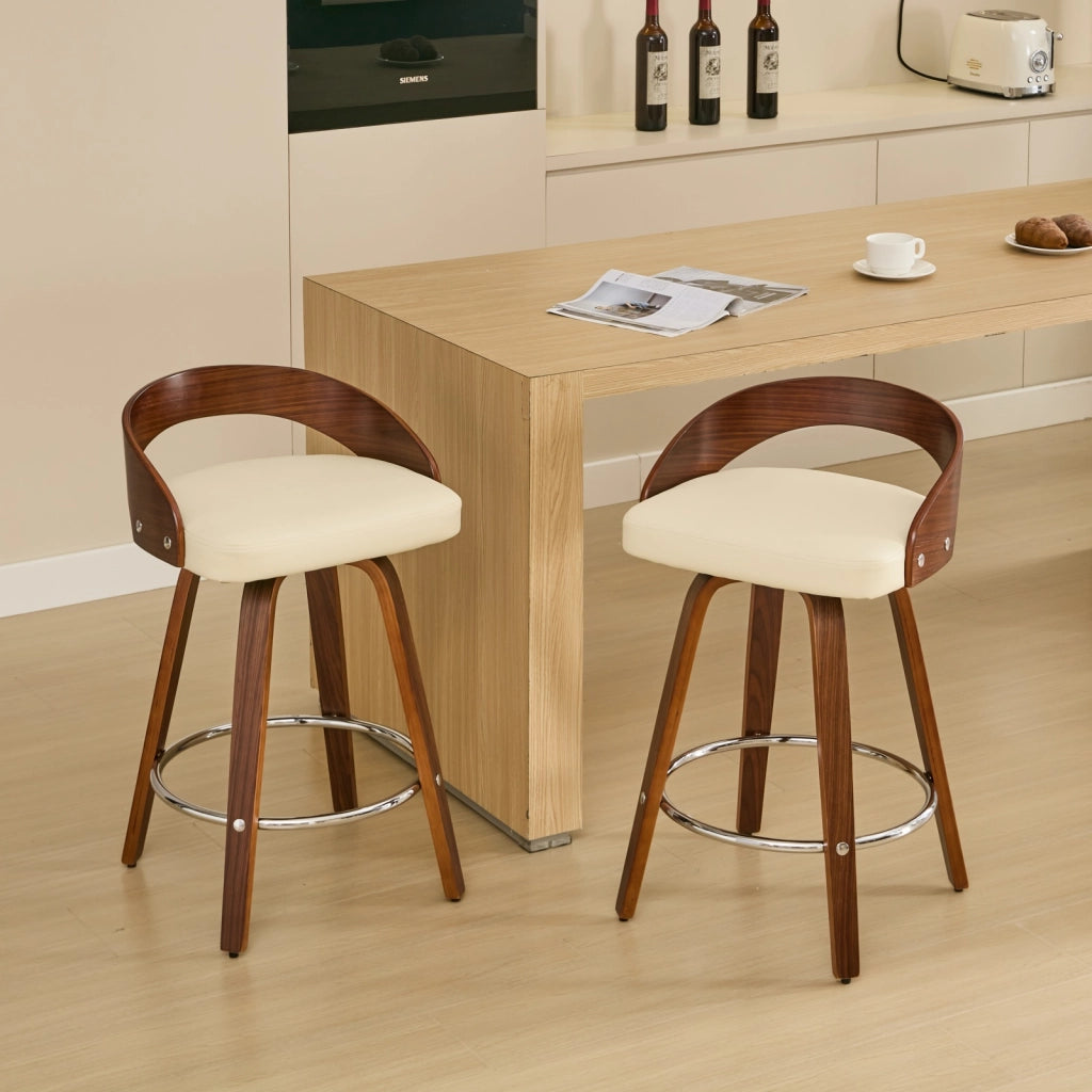 Set di 2 Sgabelli da Bar Girevoli con Schienale Basso e Seduta Imbottita; Stile Vintage; Pelle sintetica e Legno; Beige
