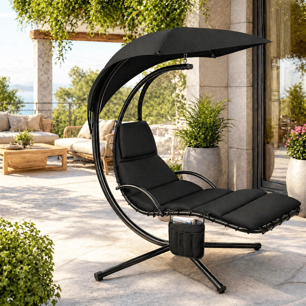 Sdraio A Sospensione Con Ombrellone Nero E Cuscino Ergonomico Amaca Da Giardino In Poliestere Resistente Per Arredamento Esterno Terrazzo Bordo Piscina Formato 195x132x197 Cm