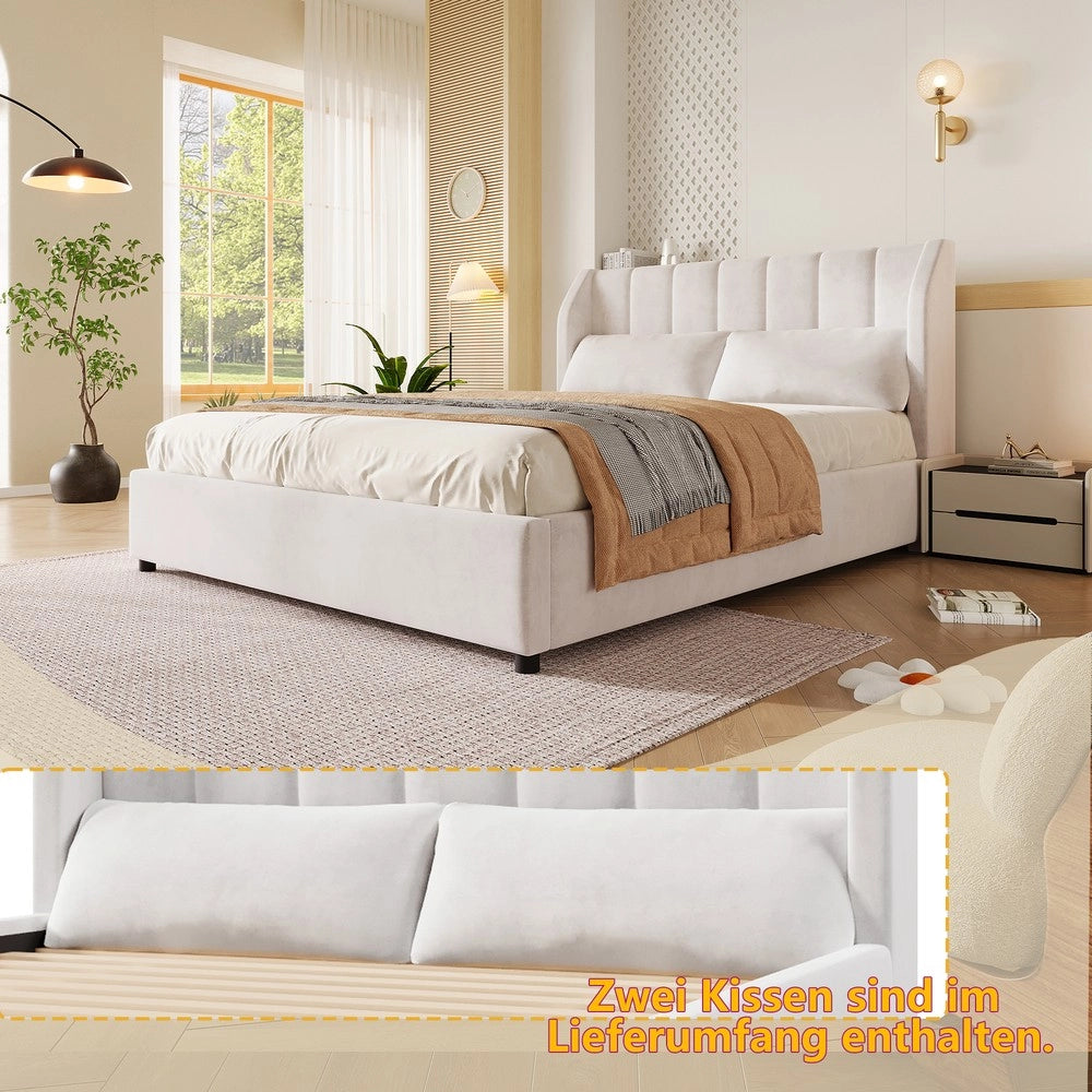 Letto Imbottito in Velluto ¨C Minimal ¨C Beige 140x200 cm con Rete a Doghe