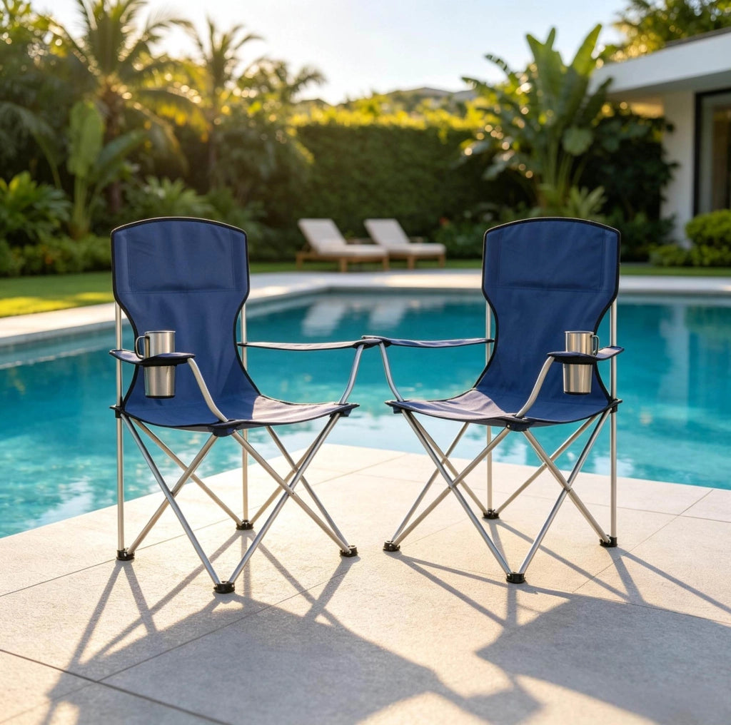 Set di 2 sedie da campeggio pieghevoli con portabicchiere; schienale alto; blu e grigio