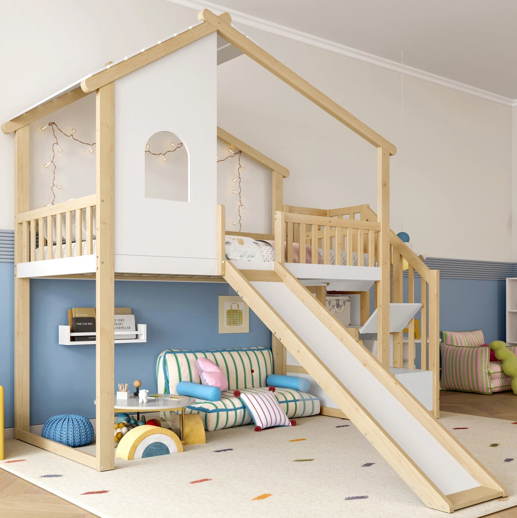 Letto a soppalco 90x200 cm con scivolo e scala contenitore in legno; naturale e bianco