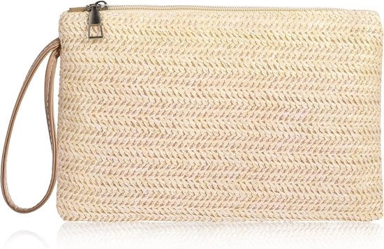 Borsa da donna in paglia, stile bohemiano, estate, spiaggia, asciugamano per mare, chiusura a righello, borsa da donna in paglia per donne e ragazze, beige