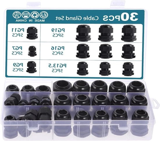 30 pezzi di sostegni per cavi in plastica impermeabili - diverse misure (PG7, PG9, PG11, PG13.5, PG16, PG19-35-15 mm)