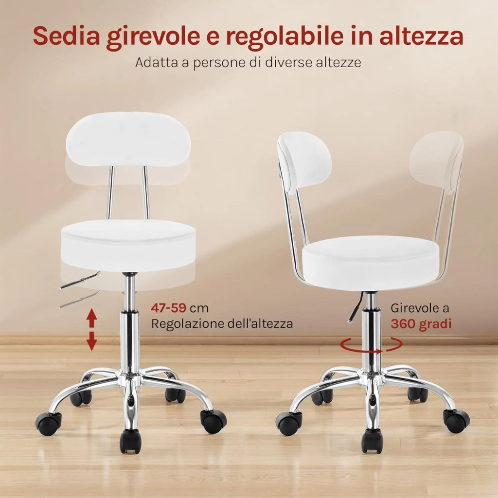 Sedie Ufficio Sedia da Scrivania Sgabelli con Schienale PU Cromato Girevole Moderno, per Ufficio, Salone, Massaggio, Toeletta Trucco, Bianco