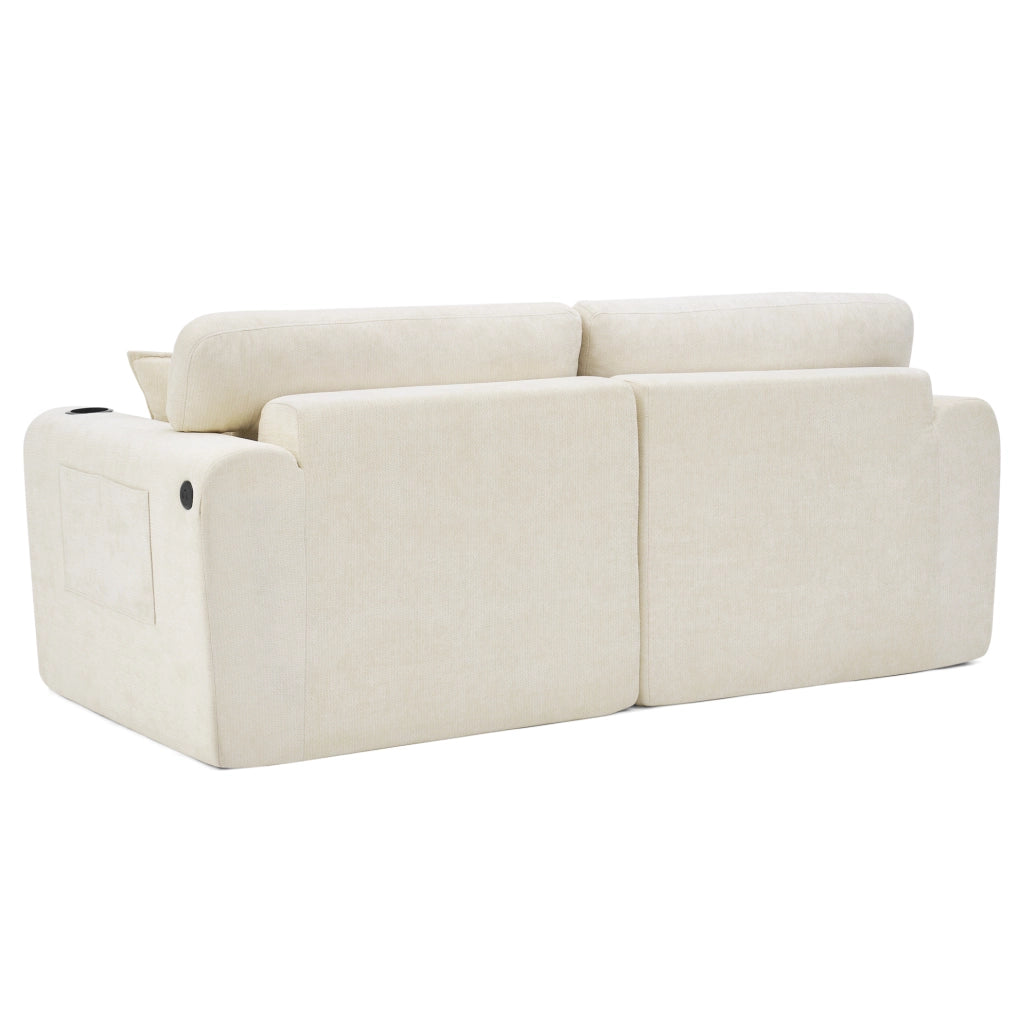 Divano 2 posti relax in chenille con USB; tasche laterali e portabicchieri; beige