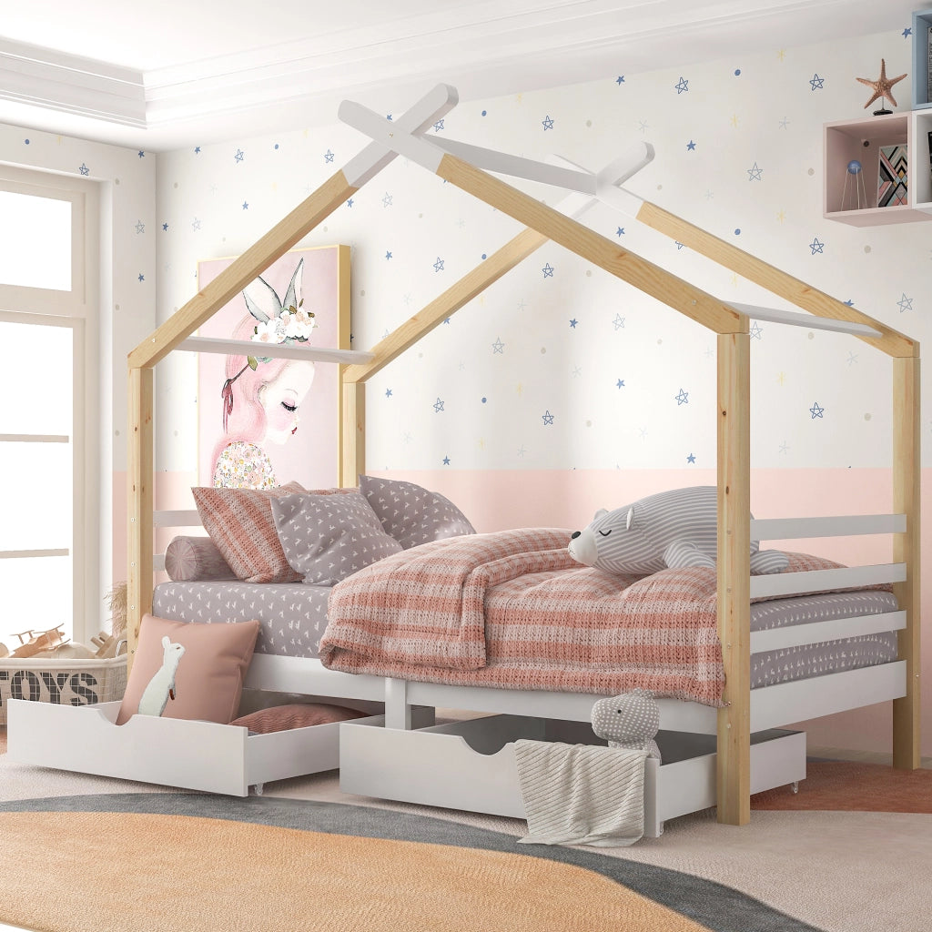 Letto a casa per bambini bianco con cassetti in legno massello di pino 90x200 cm