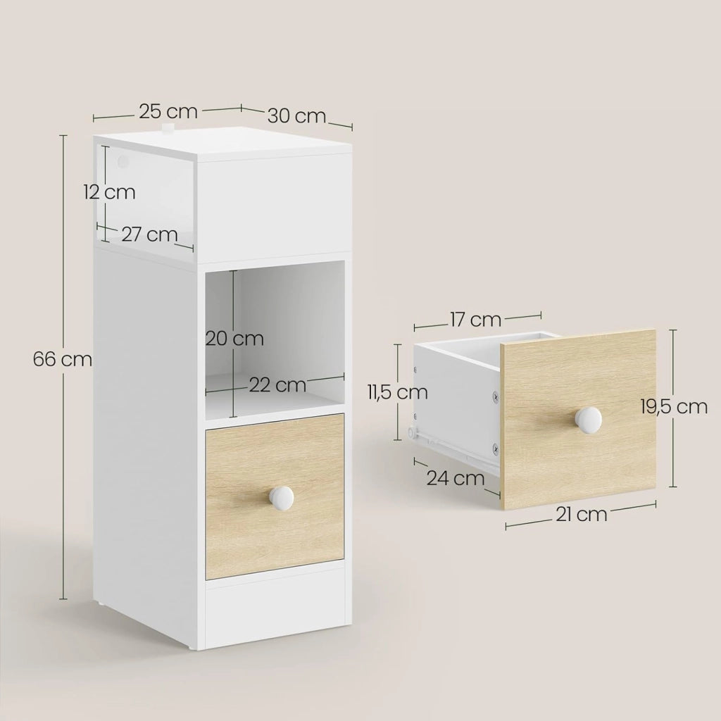 Set di 2 Comodino Stretto, Comodino con 2 Scomparti a Giorno e Cassetto, Tavolino da Notte 25x30x66cm, Mobile Salvaspazio per Camera da Letto, Soggiorno, in Truciolato, Rovere, 0011CTG-2