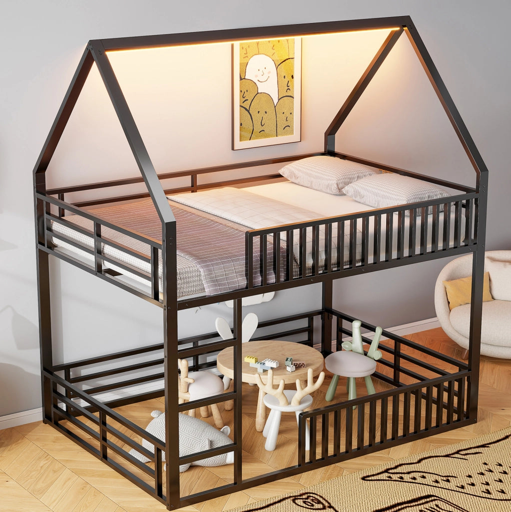 Letto a castello a forma di casa 140x200 cm in metallo nero con luce LED